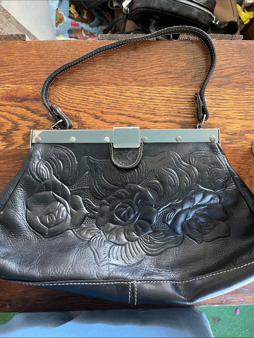 Black Embossed Floral Leather Shoulder Bag Patricia Nash